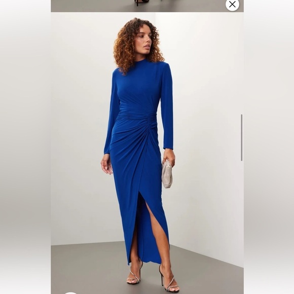 Rene Ruiz Blue Ruched Long Sleeve Gown size 6 - Picture 3 of 15